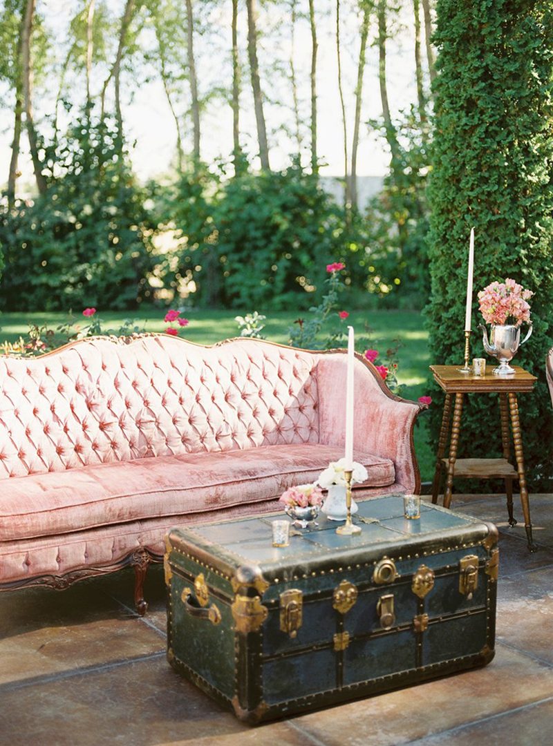 Disappearing Wedding Trends - Pink Velvet Couch Outside